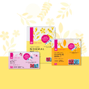 Drei Packungen Damenbinden in Normal, Super und Slipeinlagen – farbig, mit Blumenmotiv, für individuellen Periodenschutz.